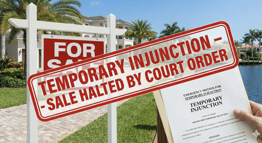 For Sale” sign in front of a waterfront home overlaid with a large red notice reading “Temporary Injunction – Sale Halted by Court Order,” alongside a hand holding legal documents labeled “Temporary Injunction