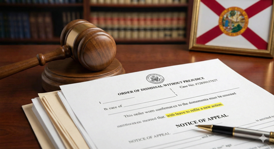 A judge’s gavel resting on a desk beside legal documents labeled ‘Order of Dismissal Without Prejudice’ and ‘Notice of Appeal,’ with a framed Florida state flag in the background